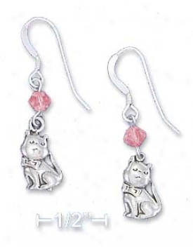 Sterling Silvery Antiqued Cat Earrings Pink Swarovski Xtal