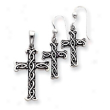 Sterling Silver Antiqued Cross Pendant And Earrings Set