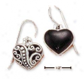 Sterling Silver Black Onyx Heart Earrings Scroll Forward Back