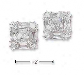 Sterling Silver Clear Cz Post Earrings Baguette Cz Border