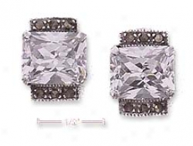 Sterling Silver Clear Cz Post Earrinfs With Marcasite Sides