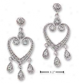 Sterling Silver Cz Heart Chandelier Post Earrings