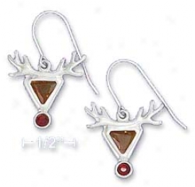Sterling Silver Cz Reindeer Red Nose French Wire Earrings