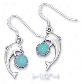 Sterling Silver Dolphin Earrings 5mm Turquoise Cabochon