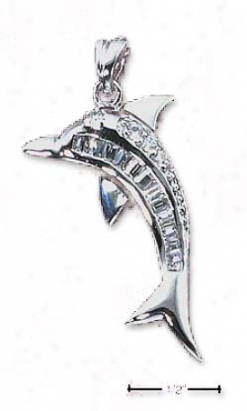 Sterling White Dolphin Pendant Round Baguette Clear Czs