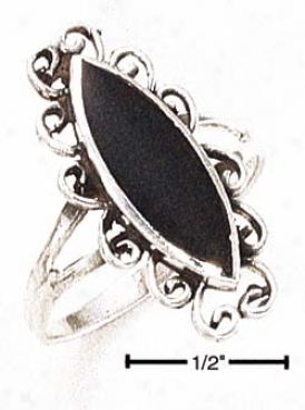 Genuine Silver Elongated Black Onyx With Fancy Scroll Ring