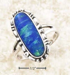 Sterling Silver Elongated Oval Blue Opal Beaded Border Ring