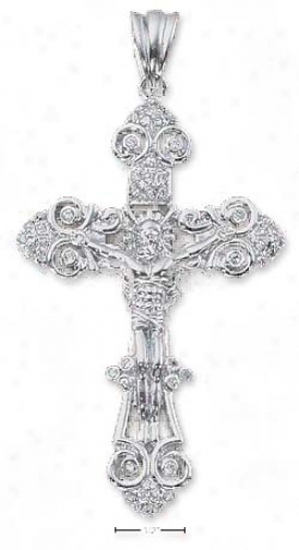 Sterling Silver Fancy Crucifix With Round Czs Pendant
