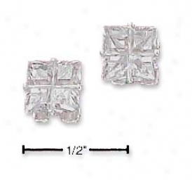 Sterling Silver Fancy Segmented Cut 6mm Cz Stud Earrings