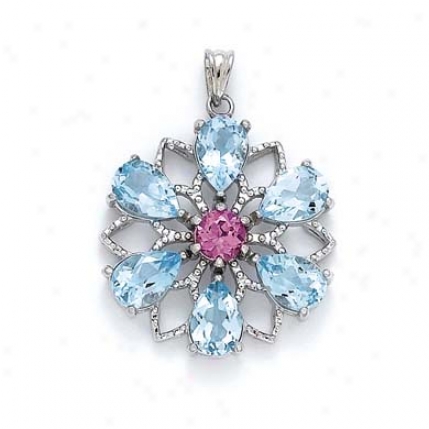 Sterling Silver Flower Blue Topaz Pebdant