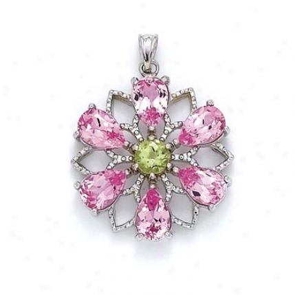 Sterilng Silvre Flower Created Pink Sapphire Pendant