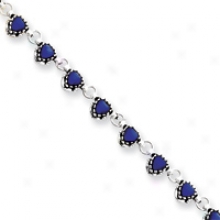 Sterling Silver Heart Anklet With Blue Cats Eye - 9 Inch