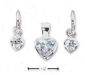 Sterling Silver Heart Shape Cz 3/4 Hoop Earrings Pendant Set