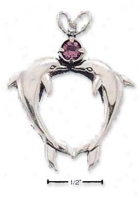 Genuine Silver Kissing Dolphins With Amethyst Charm