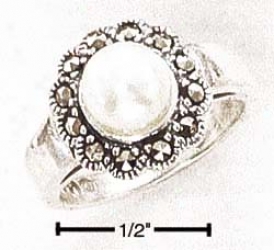 Sterling Silver Marcasite Flower 7mm Faux White Pearl Ring