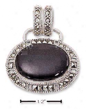 Sterling Silver Marcasite Large Oval Onyx Pendant