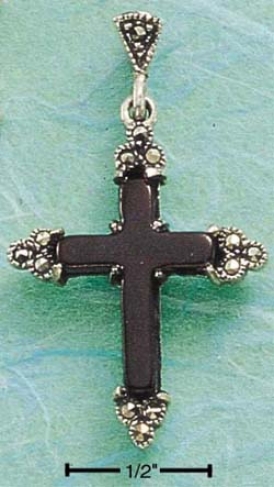 Sterling Silver Marcasite Tipped Onyx Cross Chandelier