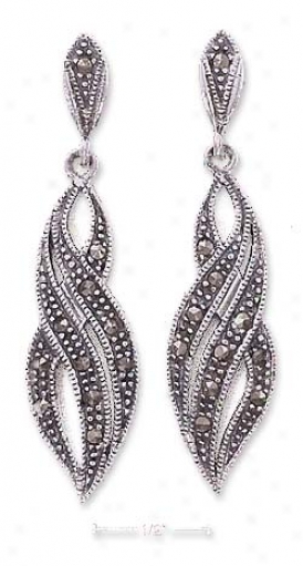 Sterling Silver Marcasite Trilpe Swoosh Post Dangle Earrings