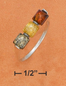 Sterling Silver Multicolor Amber Square 3 Stone Ring