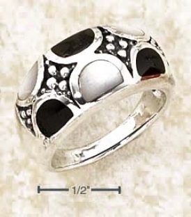 Sterling Silver Onyx And White Mop Semi-circle Inlays Ring