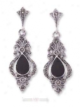 Sterling Silver Onyx Tear Marcasite Post Danle Earrings