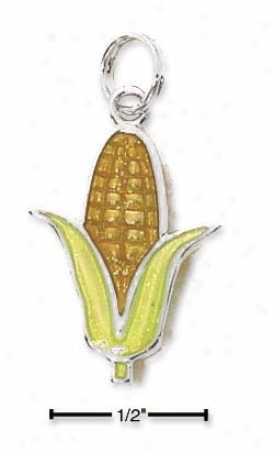 Sterling Slver Rhoium Plated Enamel Ear Of Corn Charm