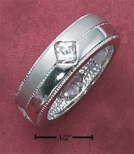 Sterling Silver Satin And 7mm Ring With Czs And Milled Edges