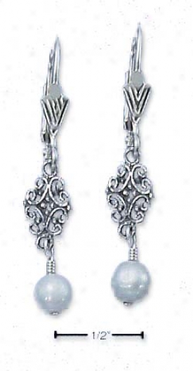 Sterling Silver Scrolled Design Fw Pearl Dangle Earrings