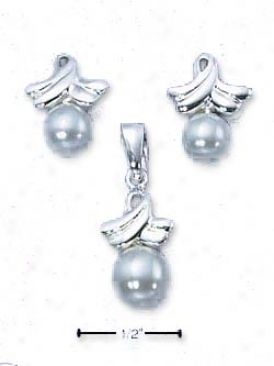 Sterling Silvery Synthetic Pearl Earrings Pendant Set