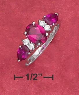Sterling Silver Synthetic Ruby Three Stone Cz Chips Ring