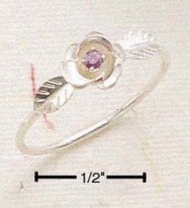 Sterling Silver Tiny Ruby Set In Flower With Leaves Ring