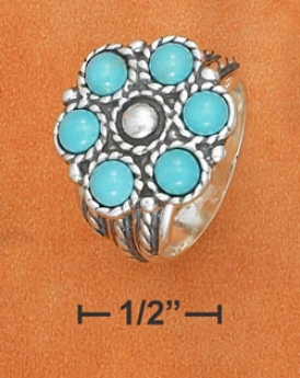 Sterling Silver Turquoise Flower Center With Design Ring