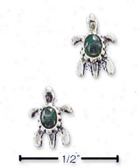 Sterling Silver Turtle With Malachite Post Earrings