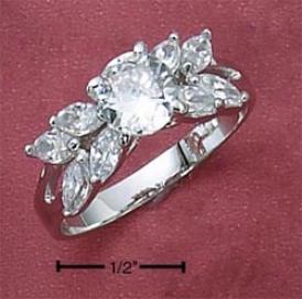 Sterling Silver Womens 6.5mm Cz Ring Marquise Cz Side Stones