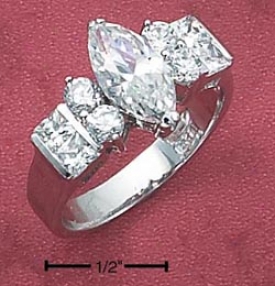 Sterling Silvery Womens 6x12 Marquise Cz Ring Side Stones