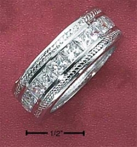 Sterling Silver Womens Channel Set 9mm Ring Roped Borders