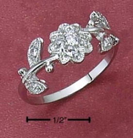 Stterling Silver Womens Cz Prime Ring With Leaves