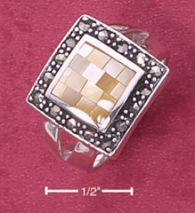 Sterling Silver Yelllow Mop Mosaic Ring With Marcasite Border