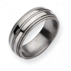 Titanium Grooved Beaded 8mm Polished Band Ring - Size 10.5