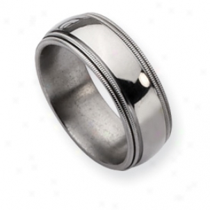 Titanium Grooved Beaded 8mm Polished Band Ring - Size 12.25