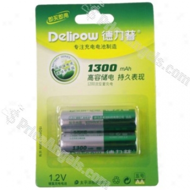 Delipow High Capacity Rechargeable 1.2v 1300mah Aa Ni-mh Batt3ries (2 Pieces Pack)