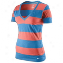 Nike V-neck Stripe S/s T-shirt - Womens - Light Wild Mango/loyal Blue