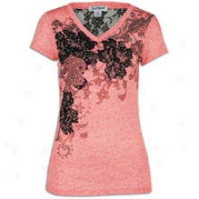 Southpole Flocked Floral V-neck T-shirt W/ Lace - Womens - Watermelon