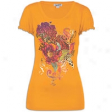 Southpole Floral V-nck T-shirt W/ Ruffle Slv Det - Womens - Sin Orange