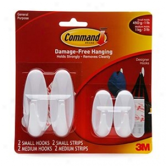 3m Command Strips Damage-free Hanging:  General Purpose Designer Hook Set, 2 Samll / 2 Medium Hooks