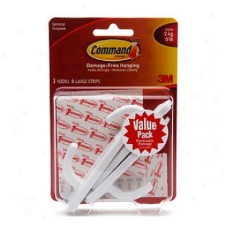 3m Command Strips Damage-free Hanging:  Large Hooks, 3 Hooks/6 Large Strips