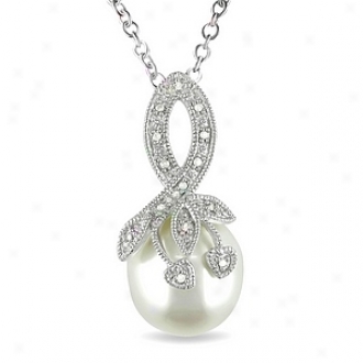 Affair of gallantry 0.04 Ct Diamond Tw 10 - 10.5 Mm Freshwater Pearl Fashion Pendant With Chain, White And Silver