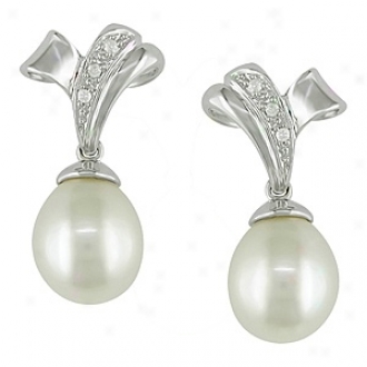 Amour 0.04 Ct Dimond Tw 9.5 - 10 Mm Freshwater Pearl Ear Pin Earrings Ghi I3, White And Silver