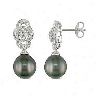 Amour 0.05 Ct Diamond Tw 9 - 9.5 Mm Tahitian Pearl Ear Pin Earrings, Black And White