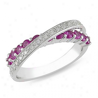 Amour 1/10 Ct Diamond Tw And 1 Ct Tgw Created Pink Sapphire Fashion Ring Silver Ghi, 9